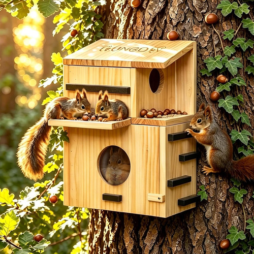 Large Wooden Squirrel House for Outside with Window Dual Balconies