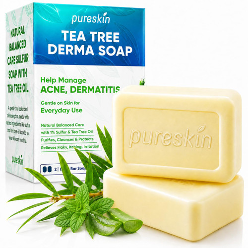 PURESKIN Sulfur & Tea-Tree-Oil Soap Bar: Natural Antifungal Cleansing for Oily, Acne Dermatitis-Prone & Irritated Skin – Helps Reduce Body Odor & Blemishes – 2 Pack