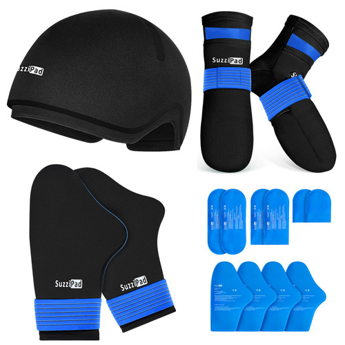 SuzziPad Ice Pack Stress Relief Cap & Cooling Socks & Cold Gloves for Chemotherapy, Comfort Items for Chemo Patients, Smoothe discomfort for feet, Head and Hand, S/M