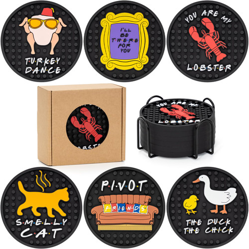 Friends TV Show Merchandise, Silicone Drink Coasters Set with Holder, Coffee/Beer Table, Furniture and Tabletop Protection, Home/Kitchen/Friends Decor, Set of 6, Black