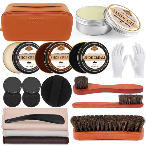 CHMI 16PCS Leather Shoe Polish Kit,Shoe Shine Kit with Black/Brown Shoe Polish,Shoe Bruhses for Leather Boot Care and Cleaning,Shoe Shine Gifts for Men