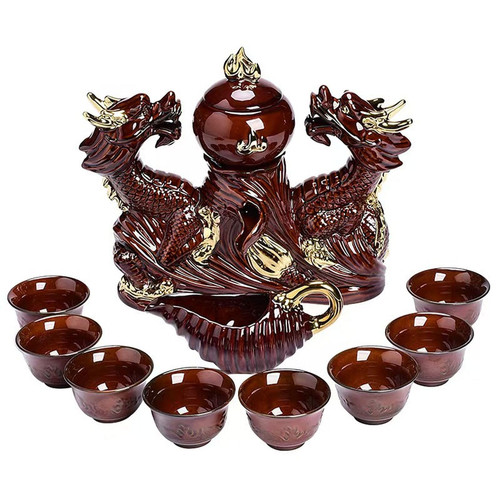Scizorito Gongfu Tea Set, Chinese Dragon Shape, Pure Hand Firing, Lazy Kungfu Ceramic Tea Set with 360Rotating Teapot and Infuser, Suitable for Office, Home, Gift (Double Red Dragon)