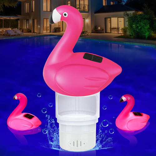 Pool Chlorine Floater, Solar Flamingo Chlorine Tablet Floater w/Adjustable Release, Chlorine Floater Glow in The Dark Large Capacity Floating Chlorines Dispenser for Pool Hot Tub Spa, Pink