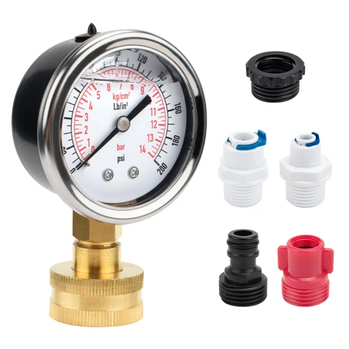 Water Pressure Glycerin Filled Gauge Kit 0-200 Psi with Extra 5 Adapters