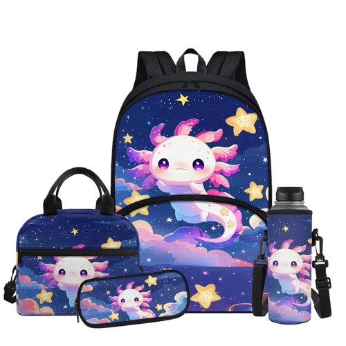 Bivxisrvo Cute Axolotl Backpack and Lunch Box for Kids Girls Preschool School Bag Large Capacity Bookbag Set with Water Bottle Holder & Pencil Case Lightweight Daypack Set Back to School Stuff