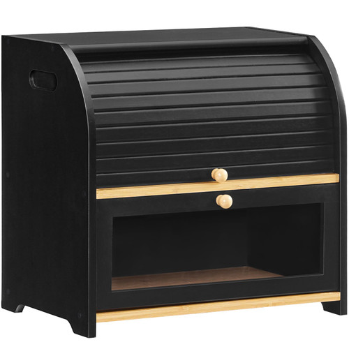 HOOBRO Bread Box, Bamboo Bread Box for Kitchen Countertop, 2 Tier Roll Top Bread Box, Double Layer Bread Storage Container for Homemade Bread, Large Capacity Breadbox for Kitchen, Black BK13MB01