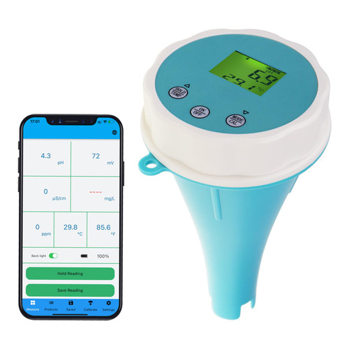 6-in-1 Digital Floating Water Monitor with Bluetooth | Real-Time pH, EC, ORP, Chlorine, Salinity & Temperature Testing | 1000 Data Records, Waterproof IP67, Easy Calibration, 24-Hour Monitoring