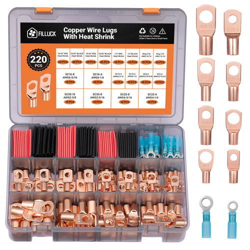 Filluck 220 PCS Battery Cable Ends Kit Heavy Duty Wire lugs