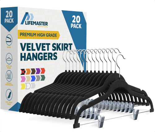 Lifemaster Velvet Skirt Hangers – with Adjustable Clips, 360 Degree Swivel Hook, and Non-Slip Shoulder Notch, Holds Up to 10 lbs, for Organizing Skirt, Pants, Dress, and Clothes, Pack of 20, Black