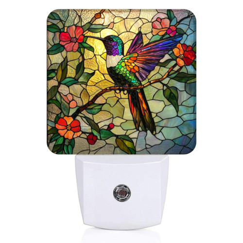 Mearafois Square LED Night Lights Lamp with Dusk to Dawn Sensor, Colorful Hummingbird Perched On Branch Night Light Plug Into Wall for Kids Room, Bedroom, Bathroom, Kitchen, Hallway