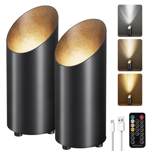 Powfloven Uplights Indoor Battery Operated, 2 Pack Wireless Uplighting with Remote and Timer, 3CCT Dimmable LED Spotlights Floor Can Lights for Oasis Lighting, Corner, Plant, Artwork, Black