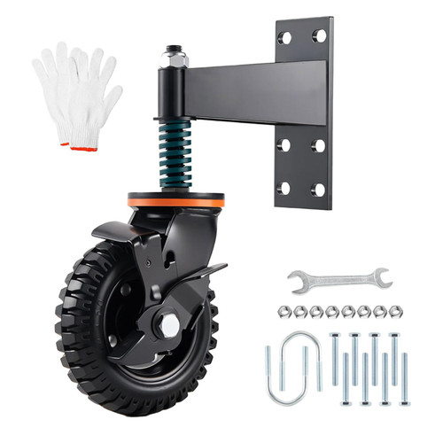 8 Inch Heavy Duty Gate Wheel with Brake, 600 LB Spring Loaded Gate Caster, 360° Swivel Rubber Tire with Metal Bracket for Wooden, Metal Tube, Fence and Farm Gates