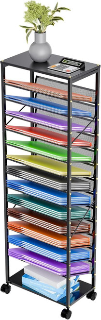Ekisemio 15 Tier Rolling File Cart, Sturdy and Durable Desk File Organizer with Metal Mesh Letter Tray, Heavy-Duty Rolling Clutter Cart for Office, Home, School, Black