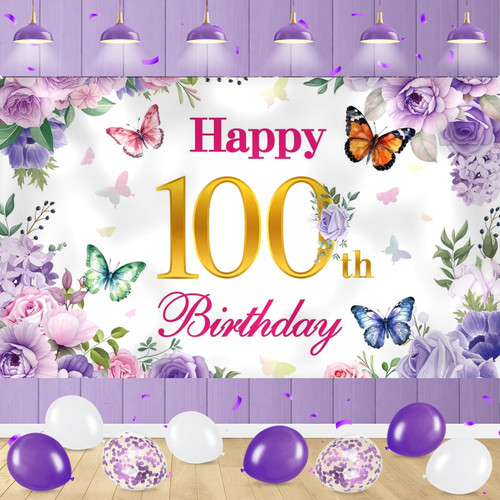 100th Birthday Decoration Banner for Women Purple 100th Birthday Banner Backdrop for Indoor Outdoor 100 Years Old Party Decor Supplies 70.8x43.3in