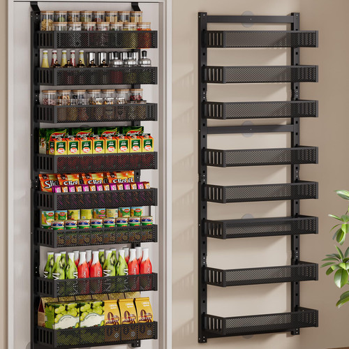 POKIPO 8-Tier Over the Door Pantry Organizer, 2 IN 1 Wall Mount or Hanging Spice Rack with Adjustable Raised Basket, Heavy Duty Back of Door Storage for Kitchen Bathroom Laundry Room