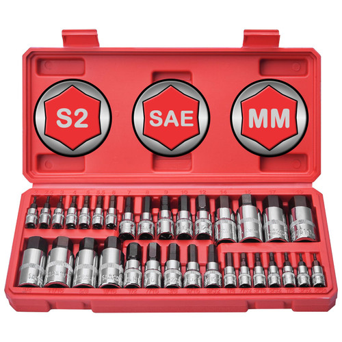 Masater Hex Bit Socket Set, Allen Socket Set, S2 Alloy Steel Combine with Cr-V, 32-Piece, 1/4'', 3/8”& 1/2'' Hex Drive Sockets, SAE & Metric, 5/64” to 3/4”，2mm to 19mm