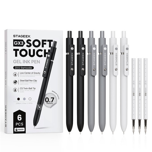 STAGEEK 6 Pcs GX3 Black Gel Pens, Smooth Writing, with 3 Refills