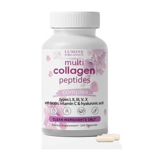 ETUIH Lumine Organics Collagen, Hydrolyzed Collagen Peptides Capsules,Type I,II,III,V,X with Biotin,Hyaluronic Acid Powder,Vitamin C 240 Capsules