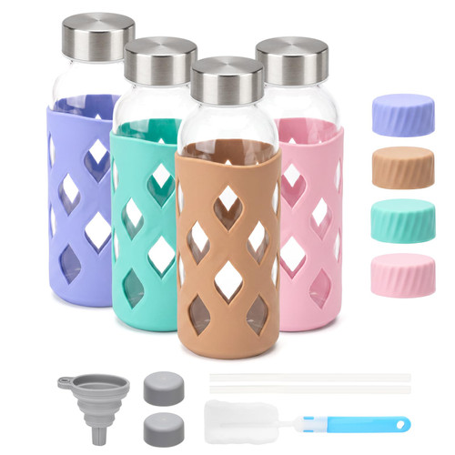 Zukro 16 oz Glass Water Bottles with Protective Silicone Sleeve Leak Proof