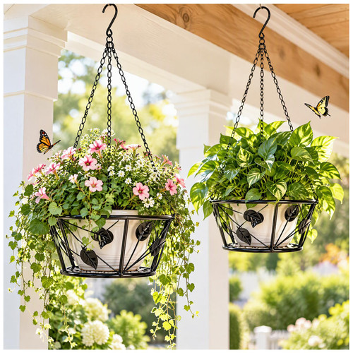 LiliGloris 2 Pack Metal Plant Hanger with Ceiling Hook – Heavy Duty Rustproof Hanging Plant Basket for Indoor Outdoor Use,Modern Black Planter Flower Pot Holder for Balcony (2, Black)