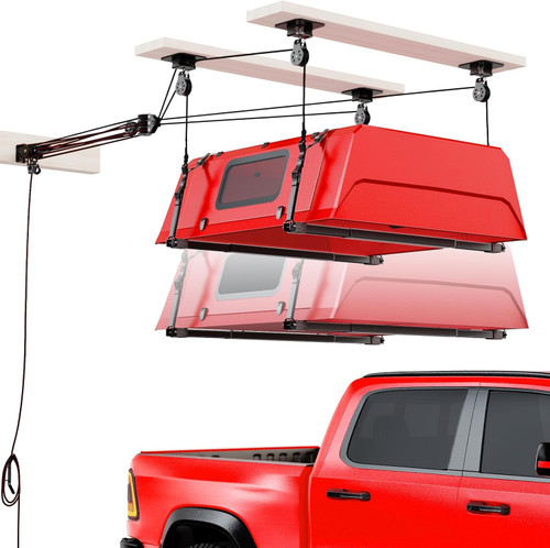 Pacikwest Truck Cap Hoist System for Garage Ceiling 250 lb, Smart 4-Point Self-Leveling Garage Hoist with 8:1 Pulley Lift System, Easy One-Person Overhead Garage Storage Lift for Truck Topper Rack