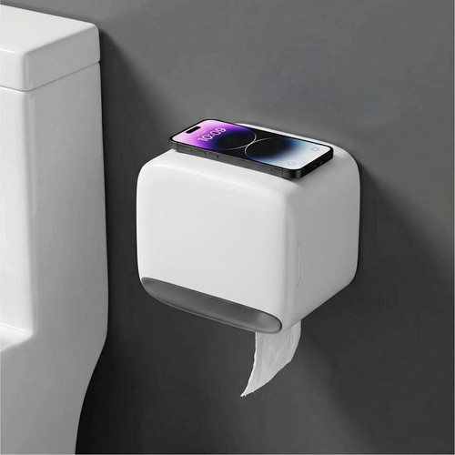 Beruyu Self Adhesive Toilet Paper Holder with Shelf, Waterproof Covered Toilet Paper Roll Holder Wall Mount, Cat Proof Toilet Tissue Holder for Bathroom and Washroom, White