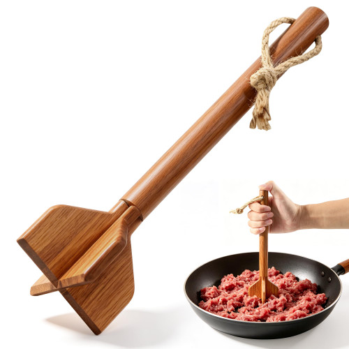 Teak Wood Meat Masher with 4 Blades, 11-Inch Ground Beef Chopper, Handheld Shredder Utensil for Kitchen Mashed Hamburger Potato Vegetable Puree