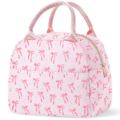 Cunno Insulated Lunch Bag, Pink Bow Nylon Solid Color
