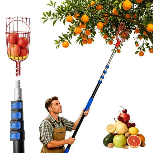 Karveden 26FT Reach Fruit Picker Pole with Basket Telescoping, 5-20FT Extendable Aluminum Apple Picker for Picking Avocados, Figs, Mangoes, Citrus Fruits - Durable Harvesting Fruit Catcher for Trees