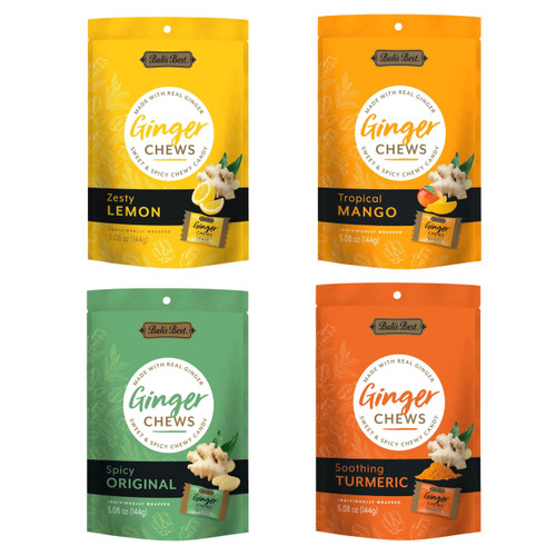 Bali's Best Ginger Chews, Variety Pack, 5.08 Oz (4 Pack), Individually Wrapped Soft Candy, Made with 100% Real Ginger, Digestive Health Support, Upset Stomach Relief, Halal