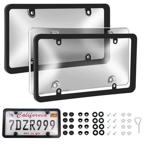 Transparent License Plate Cover and Frames, 2Pack Grey Clear Front and Rear License Plate Holder with Screws & Caps, Unbreakable Car Licence Plate Frame, Universal Fit for Most US Plates