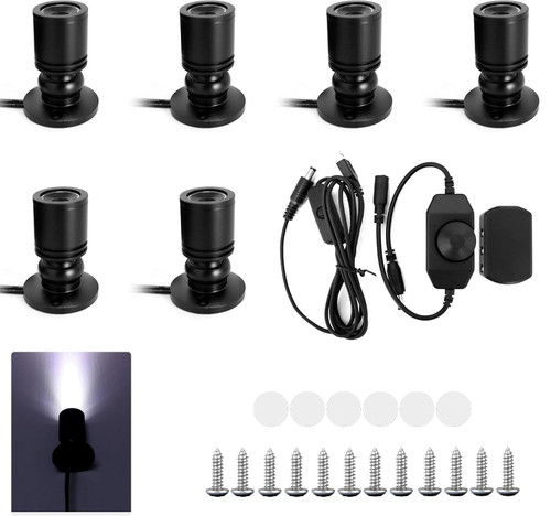 YUQIPEILEI USB-Powered Dimmable Mini Jewelry Display Lights, 6-Pack 1W Adjustable Mini Spotlights, Warm White Spotlight, Led Spotlight for Counter Cabinet Showcase with Brightness Control Switch