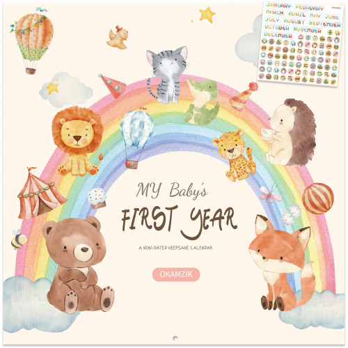 Baby's First Year Calendar, Memory Book with Milestone Stickers and Storage Pocket, Baby Keepsake Tracker - 1st Year Tracker (animal)