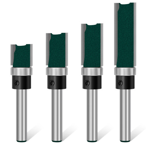 Feanron Flush Trim Router Bit Set 4 Pcs Straight Cut Router Bits 1/4 Inch Shank, Carbide Tipped Pattern Template Route Bit with Bottom Bearing, Woodworking Tools for Milling Trimming Home DIY (Green)