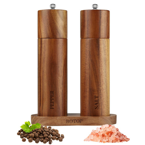 BOTOP Acacia Wood Salt and Pepper Grinder Set with Base