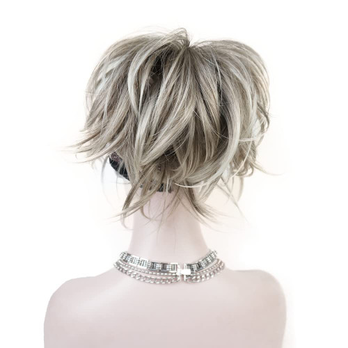 Aimole Synthetic Ponytail Clip-on Straight Wig Short Extensions hair Hairpiece (48T Light Gray Blonde with Dark Root)