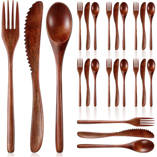 Geiserailie 24 Pcs Wooden Utensils for Eating Wooden Spoon Fork Knife Set