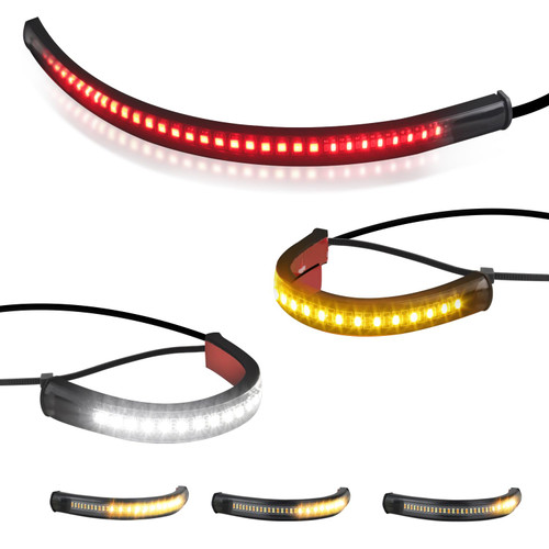 QUASCO Front Rear Motorcycle Led Turn Signals, Universal White Amber Fork Light Strip, Red Brake Tail Lights Compatible with Harley Cafe Racer Dual Sport Dirt Bike, Pack of 3