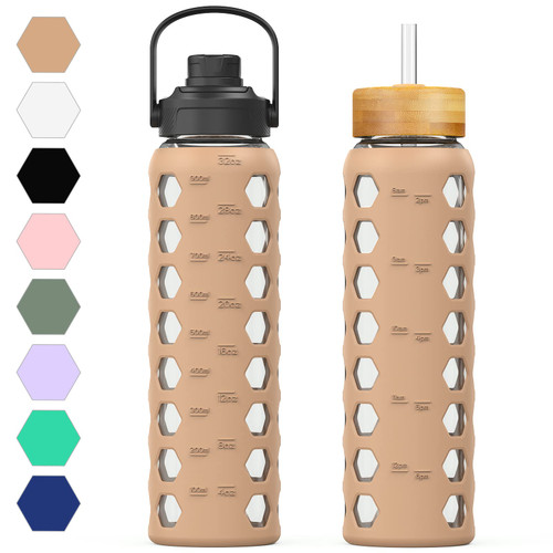 MUKOKO Glass Water Bottle, 32oz, Amber
