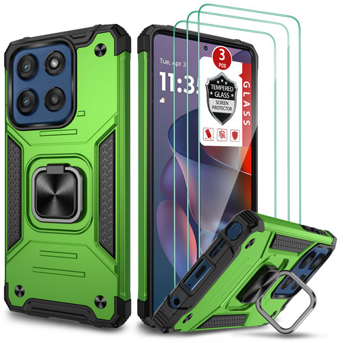 Case for Moto G Stylus 2025, for Moto G Stylus 5G 2025 Case with 3 Pcs Tempered Glass Screen Protector, Built in Magnetic Ring Kickstand Military-Grade Hard PC TPU Hybrid Shockproof Aromr Cover -Green