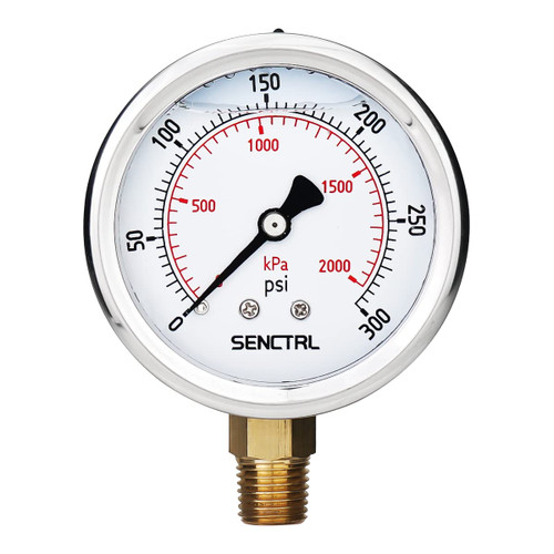 SENCTRL 0-300 Psi Liquid Filled Pressure Gauge, 1/4" NPT Lower Mount