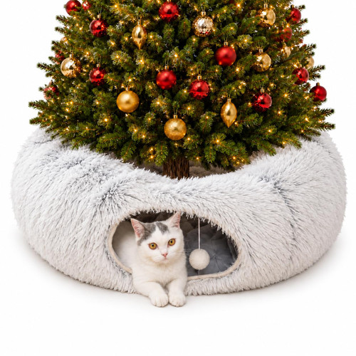 LUCKITTY Fluffy Cat Tunnel Bed Under Christmas Tree, Plush Warm White