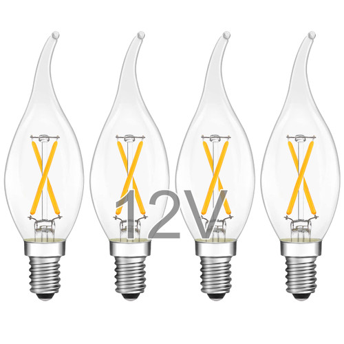 TOKCON 12V E12 LED Candelabra Light Bulbs - Soft Warm 2700K 2W (Only for 12 Volt DC/AC)- Small Candle Base - 25W Equivalent Low Voltage Flame Tip LED Bulb for RV, Backyard Shed - 4 Pack