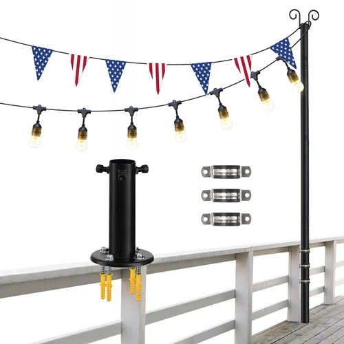 String Light Poles, 12.6 FT Light Poles for Outside Patio, Outdoor Deck Lighting Poles with Brackets for Fence and Base for Wood Concrete Mount, Heavy Duty Metal Stand Hanging Garden Party Decoration