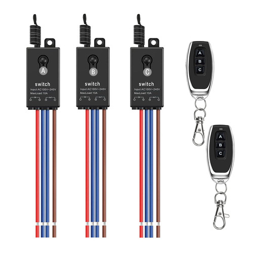 Meskliu 3 Way Mini Remote Control Switch - AC 110V/120V/220V/240V/10A Relay ON/Off With 328FT Long Range for Motor, Lamps, LED Lights, Fans (2 Remote Controls, 3 Receivers)