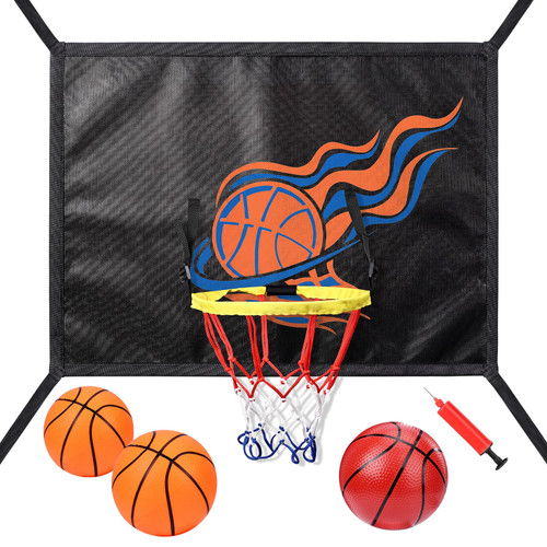 Trampoline Basketball Hoop Attachment, with 3 Basketballs and Pump & Hooks, Easy to Install, Universal Accessories Goal Game Fits 8 10 12 14 15 16 FT Trampoline Indoor Outdoor