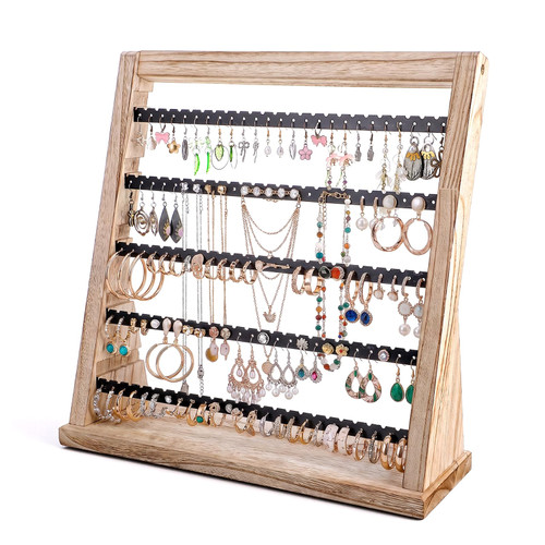 Fumusae Earring Holder Organizer, 5 Layer Rustic Wood Earring Holder Stand, Jewelry Holders Organizer with 270 Holes Earrings Tree Display Rack for Stud Hoop Earrings Bracelet Necklace Ring