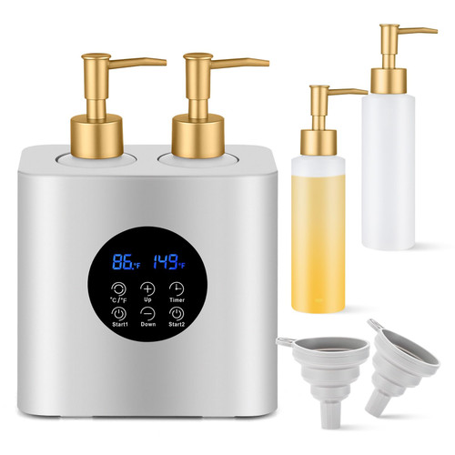 Massage Oil Warmer with 4 Bottles & 2 Funnels, Adjustable Temp & Timer