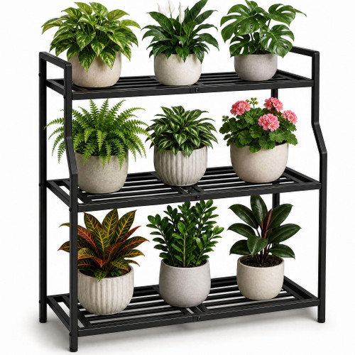 Hongsane Metal Heavy Duty Plant Stand Indoor Outdoor,30" L×13" W×35" H 3-Tier Tall Plant Stands,Outside Plant Shelves for Large Pots,Black Plant Holder for Living Room,Bedroom,Balcony,Patio