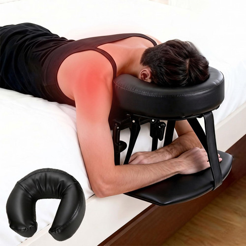 Massage Headrest for Bed with Armrest, Adjustable Bed Massage Head Holder for Home Spa, Portable Face Down Pillow After Eye Surgery Recovery Kit, Fits 6"–17" Mattresses, Black